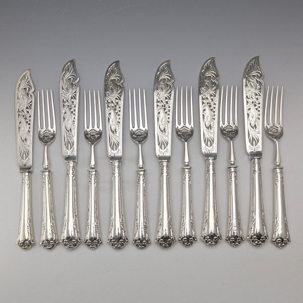 Circa 1860 British Antique Pure Silver Handle Fish Cutlery 6 Pair Aaron Hadfield